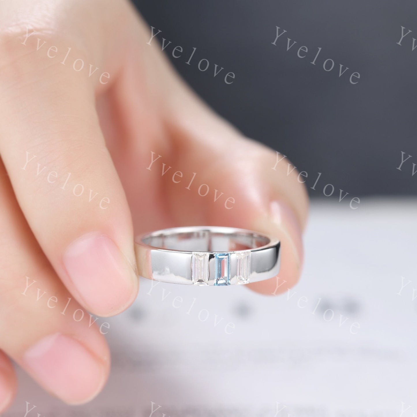 5mm Mens Alexandrite Wedding Band Baguette Diamond Wedding Ring Platinum Ring Men Stackable Matching Band 3 Stones Ring Gifts Handmade Ring