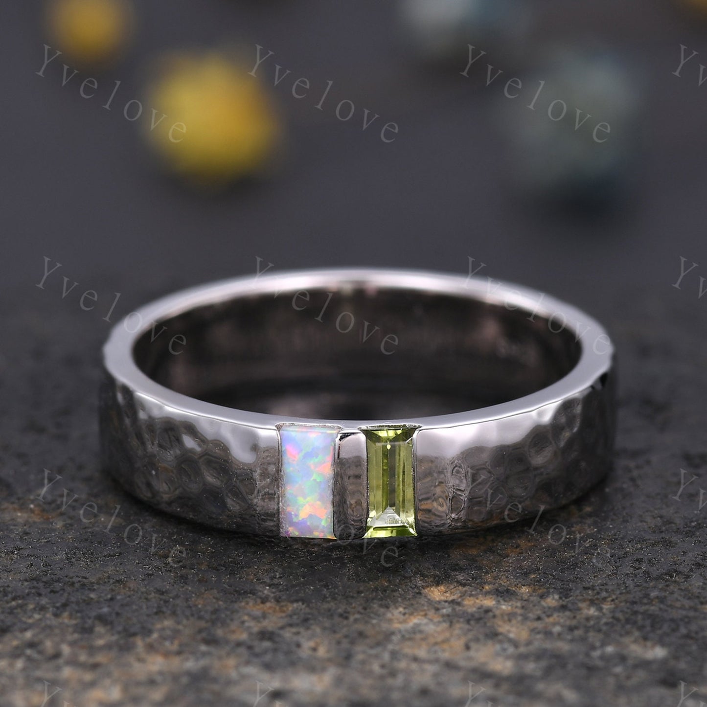 Mens Peridot Opal Wedding Band Baguette Cut Peridot Opal Ring 18k White Gold Ring Hammered Stacking Matching Band Family Birthstone for men
