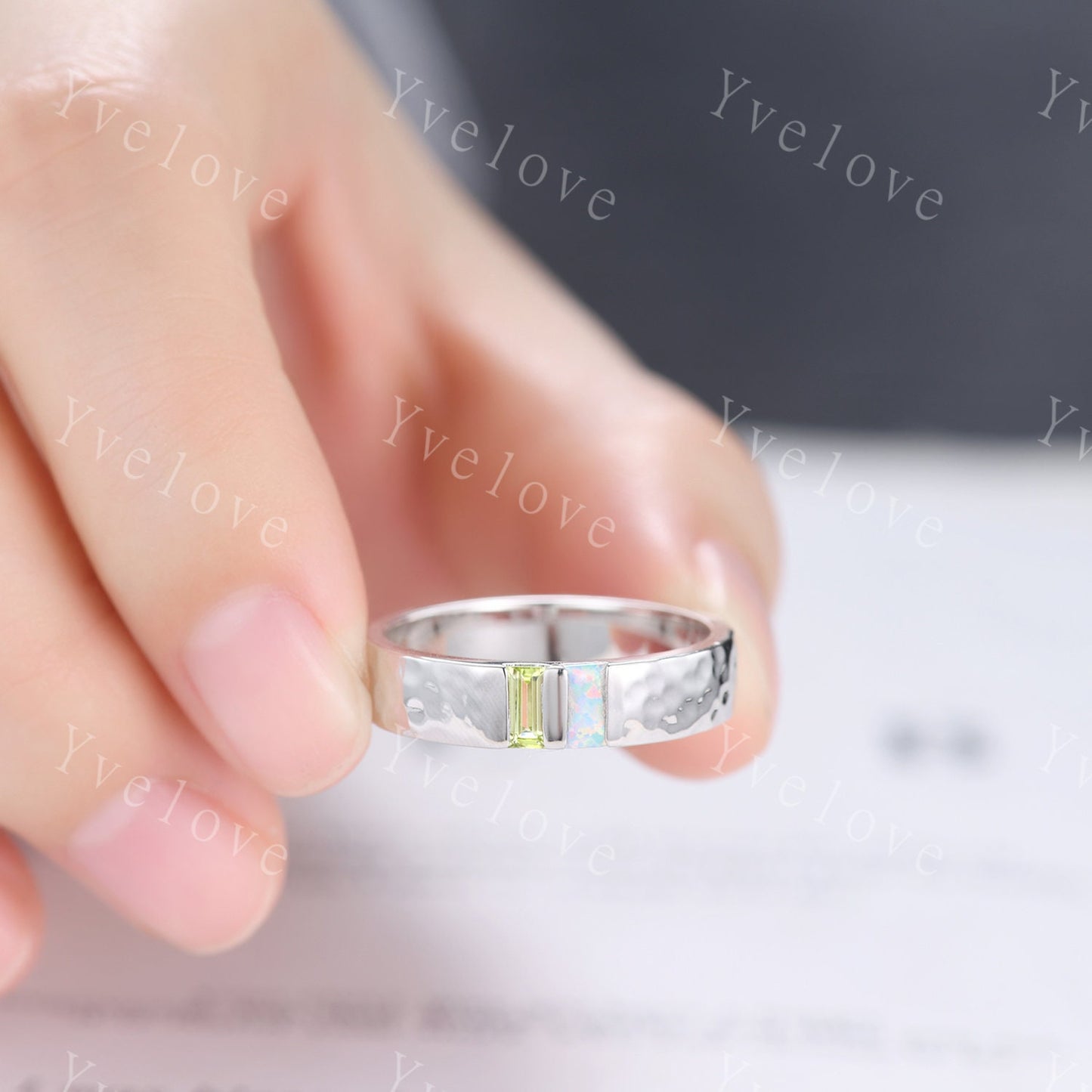 Mens Peridot Opal Wedding Band Baguette Cut Peridot Opal Ring 18k White Gold Ring Hammered Stacking Matching Band Family Birthstone for men