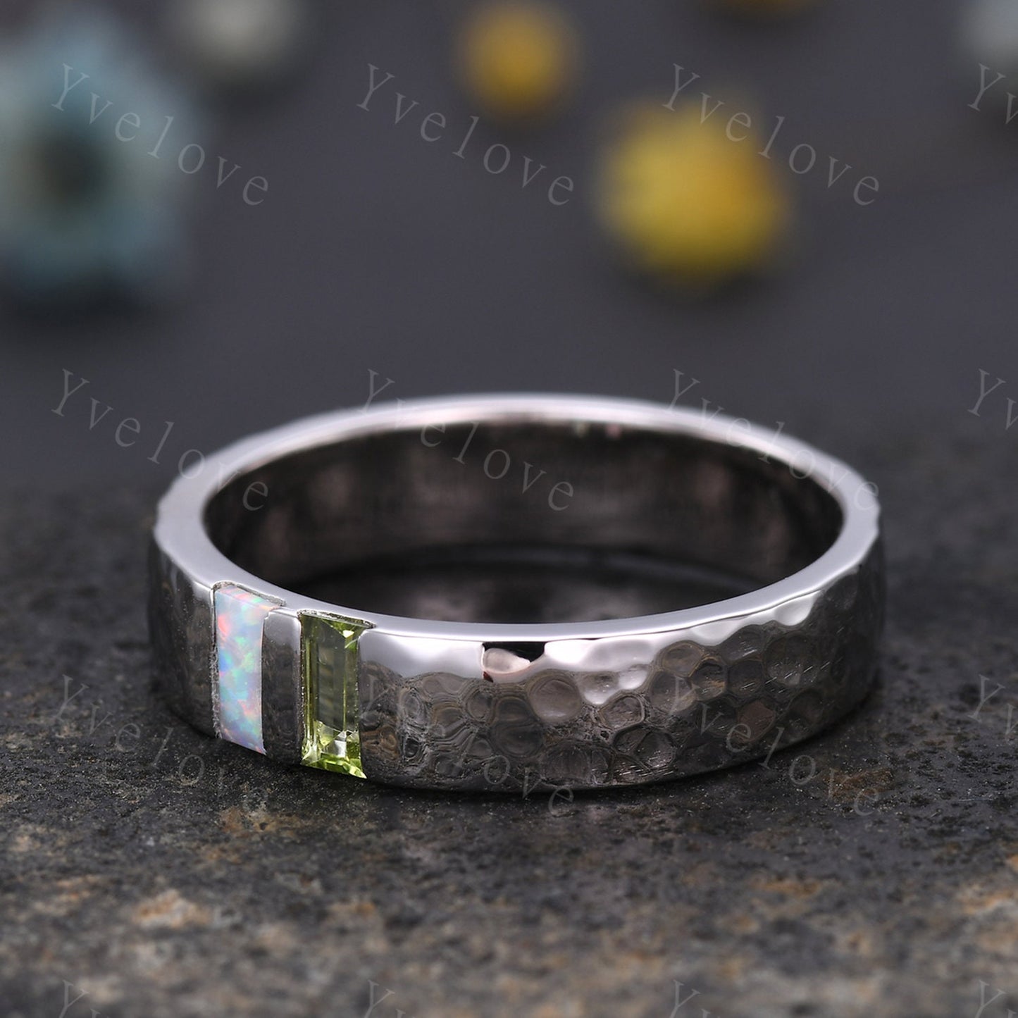 Mens Peridot Opal Wedding Band Baguette Cut Peridot Opal Ring 18k White Gold Ring Hammered Stacking Matching Band Family Birthstone for men