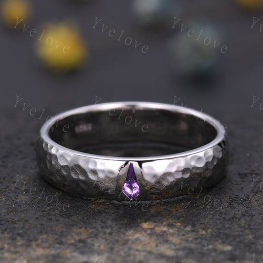 Mens Kite Amethyst Wedding Band Retro Platinum Ring Mens Hammered Stackable Matching Ring February Birthstone Vintage Ring Gift For Husband