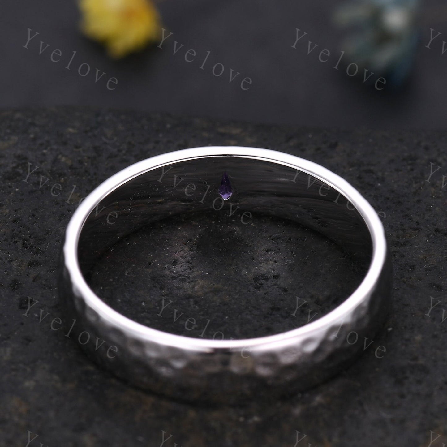 Mens Kite Amethyst Wedding Band Retro Platinum Ring Mens Hammered Stackable Matching Ring February Birthstone Vintage Ring Gift For Husband