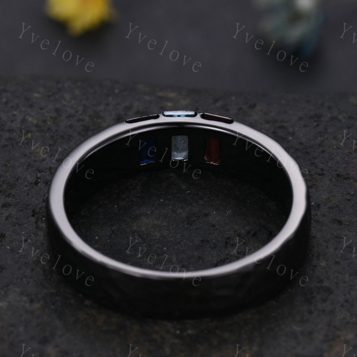Retro Mens Baguette Cut Aquamarine Garnet Sapphire Wedding Ring 5mm Hammered Band Black Gold Mens Stackable Matching Band Gift For Him
