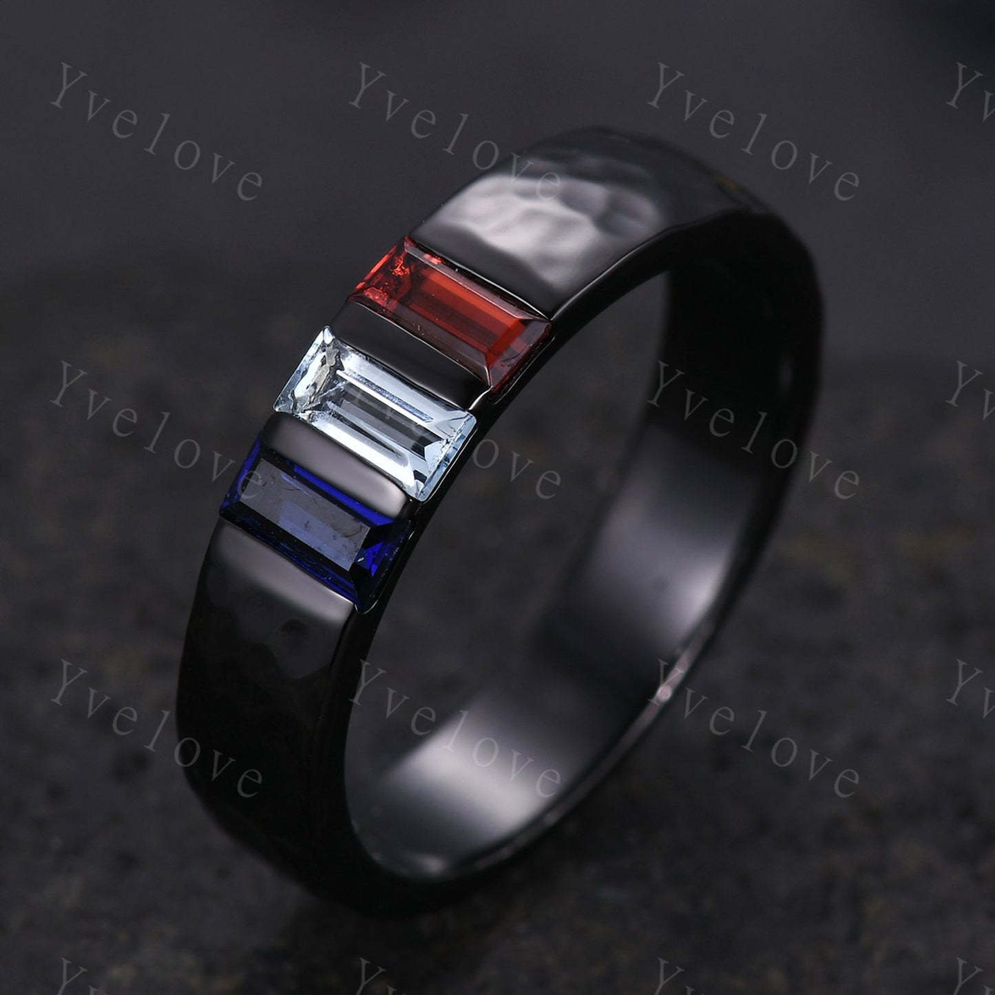 Retro Mens Baguette Cut Aquamarine Garnet Sapphire Wedding Ring 5mm Hammered Band Black Gold Mens Stackable Matching Band Gift For Him