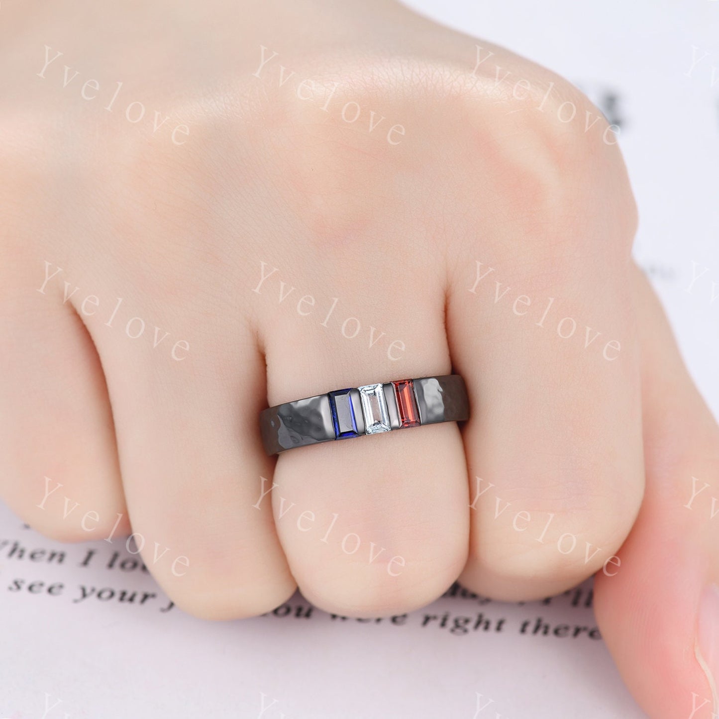 Retro Mens Baguette Cut Aquamarine Garnet Sapphire Wedding Ring 5mm Hammered Band Black Gold Mens Stackable Matching Band Gift For Him