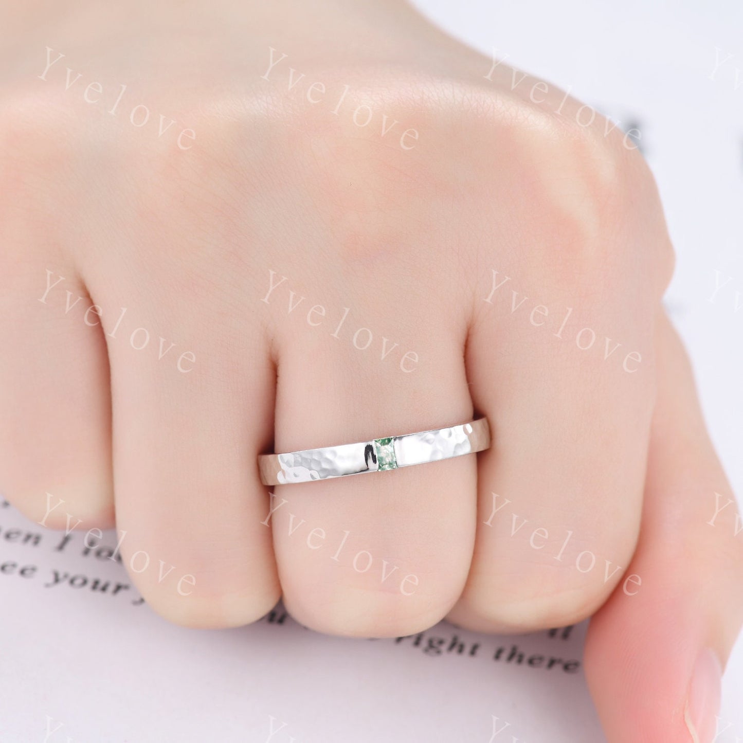 3mm Mens Moss agate Wedding Band Baguette Cut Natural Agate Band Solid Gold Ring Men Hammered Stacking Matching Band Retro Vintage Ring Gift