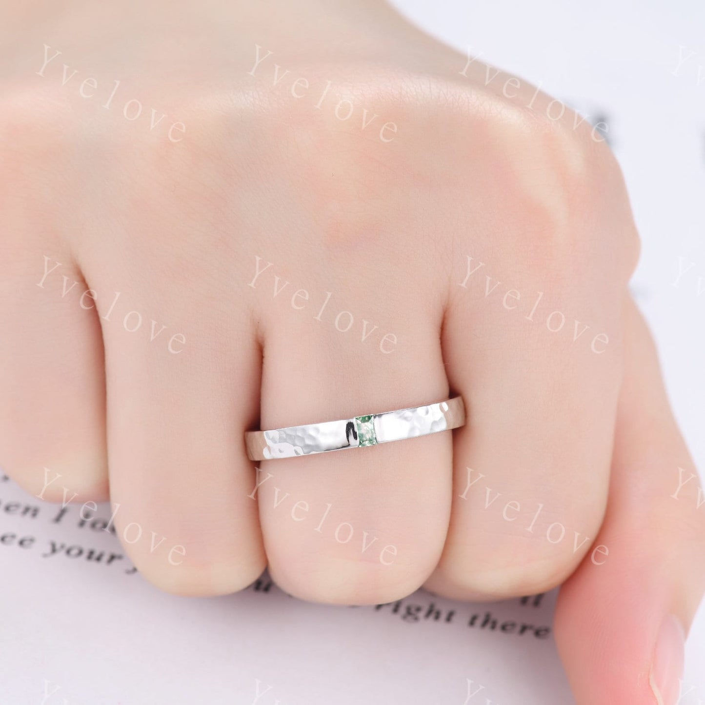 3mm Mens Moss agate Wedding Band Baguette Cut Natural Agate Band 14k Gold Ring Men Hammered Stacking Matching Band Retro Vintage Ring Gift
