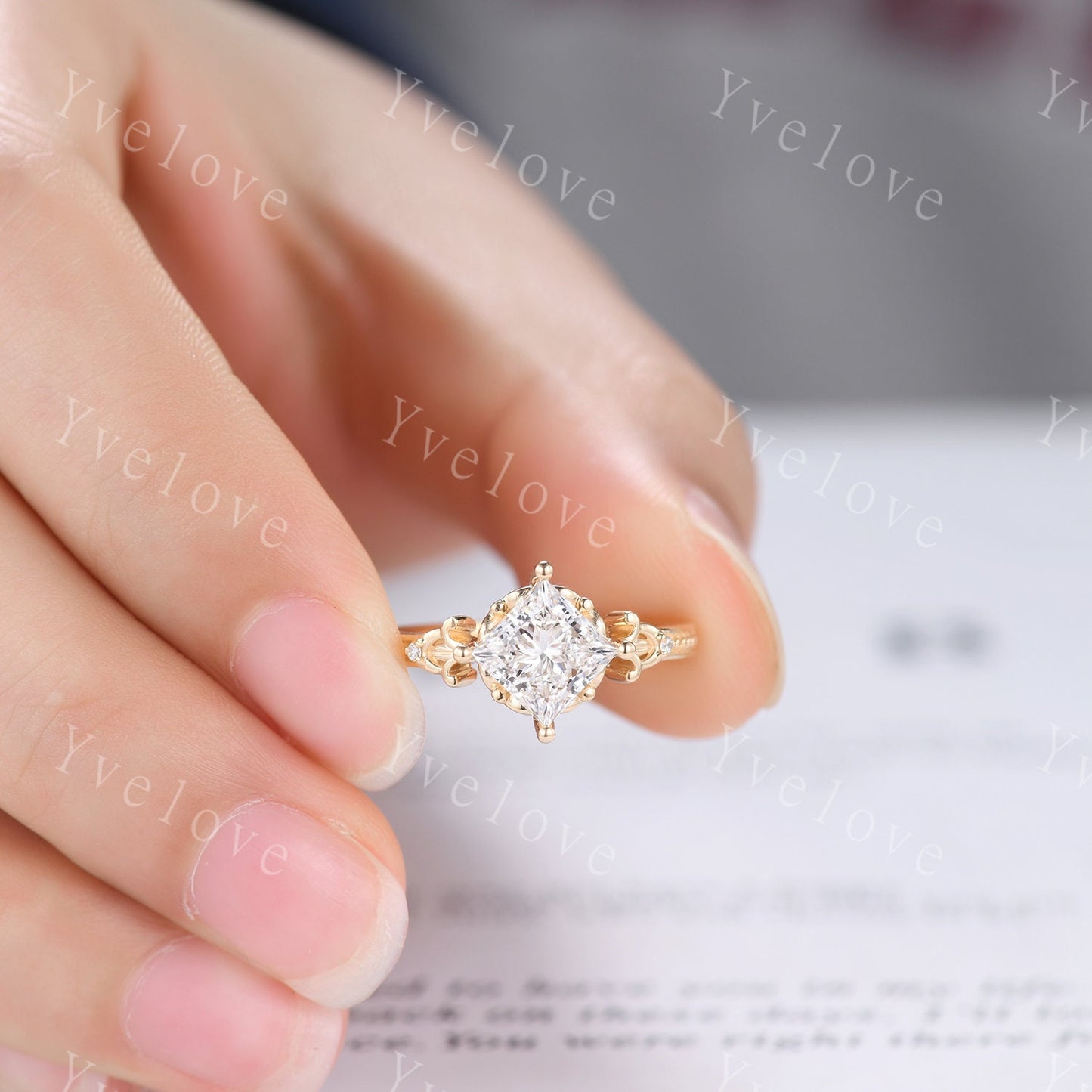 Unique Princess Shaped Moissanite Engagement Ring 14K Solid Gold Milgrain Vintage Moissanite Wedding Ring Art Deco Promise Ring For Women