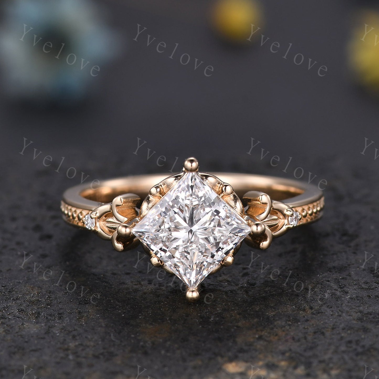 Unique Princess Shaped Moissanite Engagement Ring 14K Solid Gold Milgrain Vintage Moissanite Wedding Ring Art Deco Promise Ring For Women