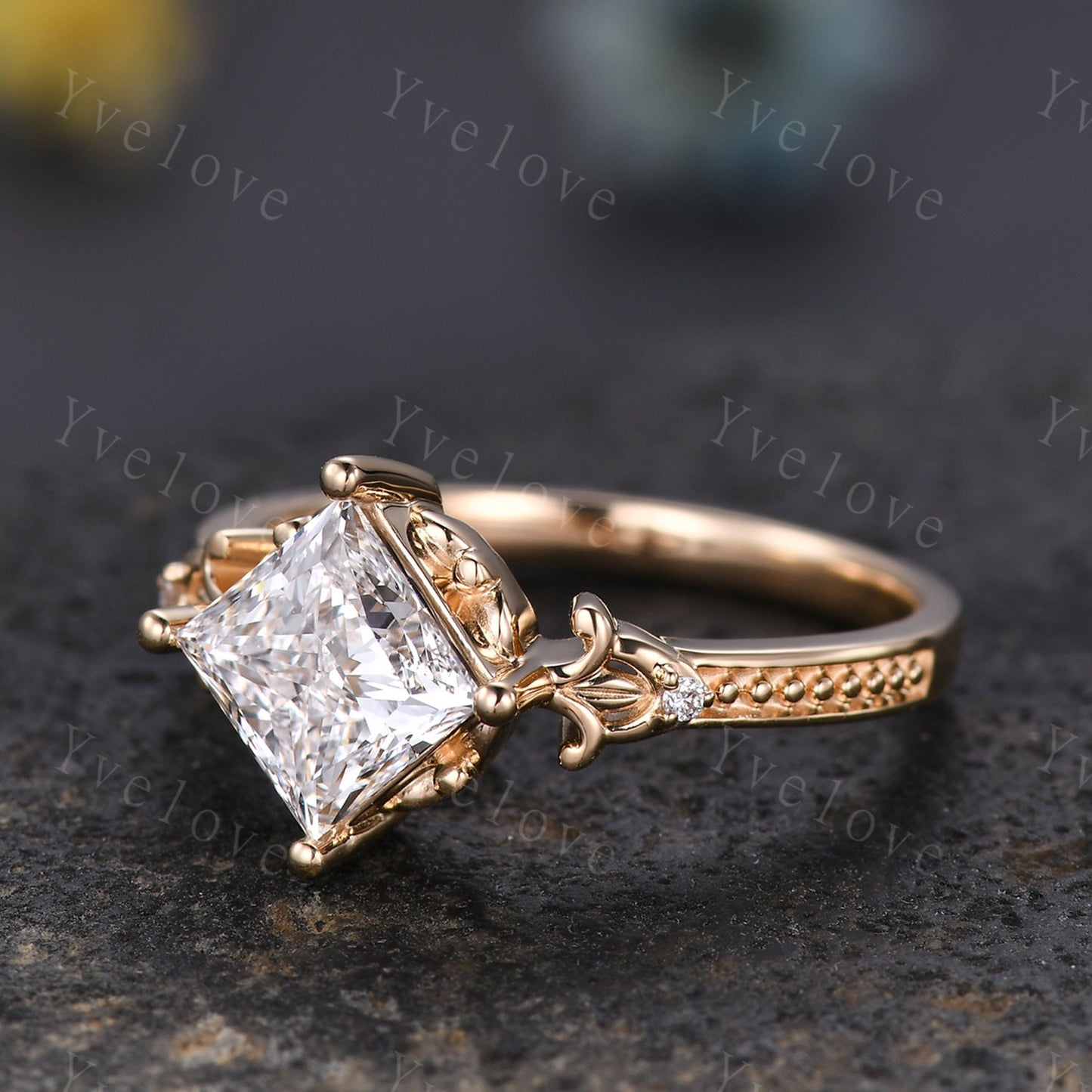 Unique Princess Shaped Moissanite Engagement Ring 14K Solid Gold Milgrain Vintage Moissanite Wedding Ring Art Deco Promise Ring For Women