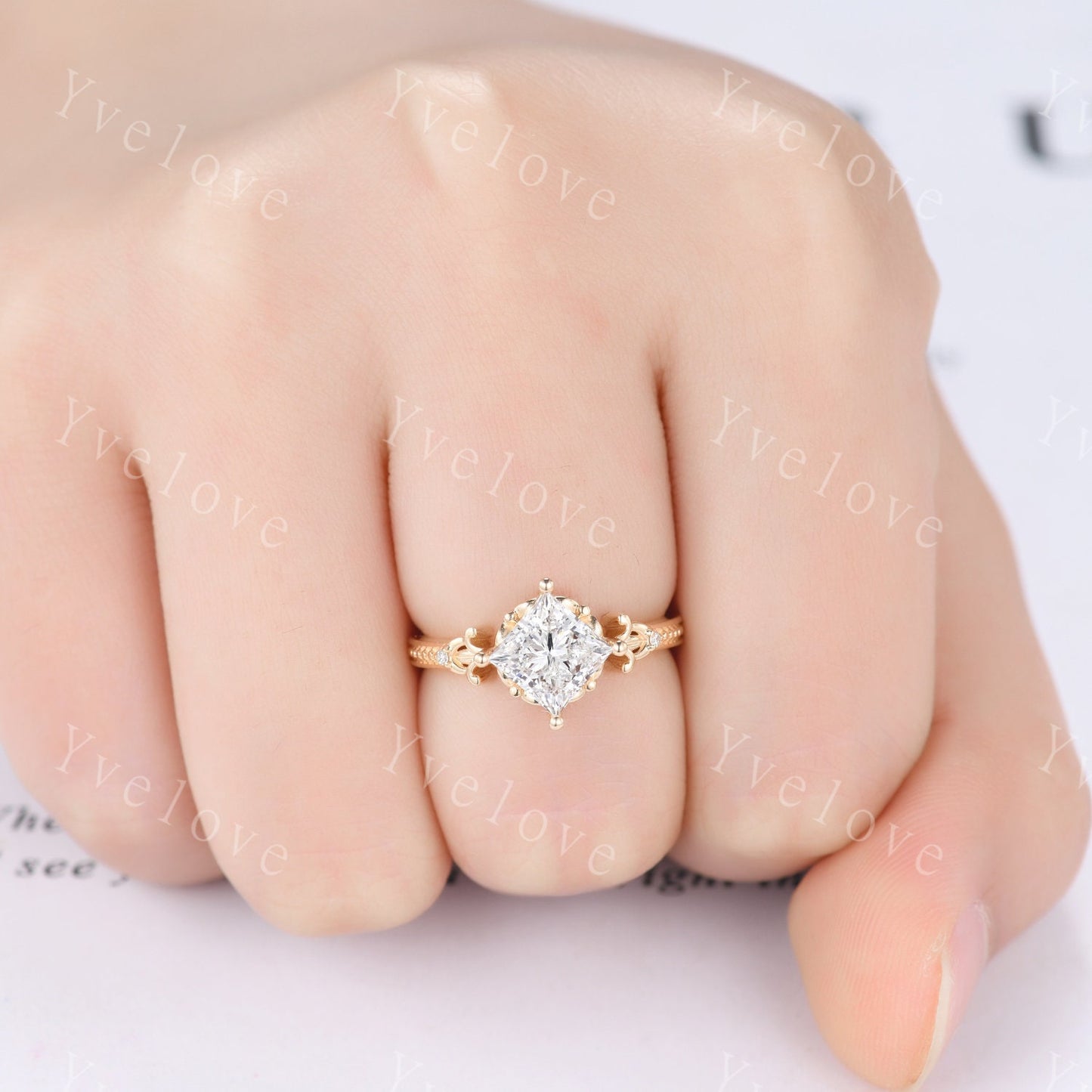 Unique Princess Shaped Moissanite Engagement Ring 14K Solid Gold Milgrain Vintage Moissanite Wedding Ring Art Deco Promise Ring For Women