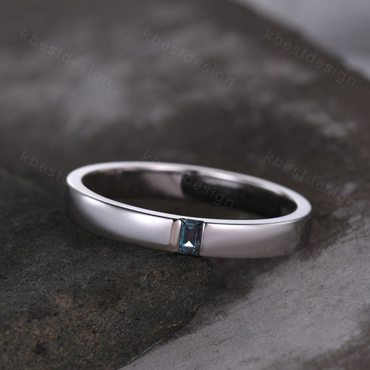 Baguette cut Alexandrite wedding band 14k white gold minimalist stacking band for Men for Women retro vintage ring Anniversary gift