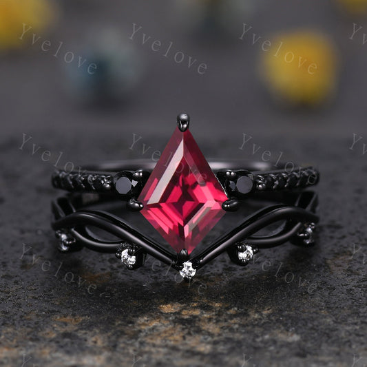 Retro Kite Red Ruby Engagement Ring,Vintage Black Silver Ring Set,Unique Black Spinel Diamond Promise Ring Anniversary Gift July Birthstone