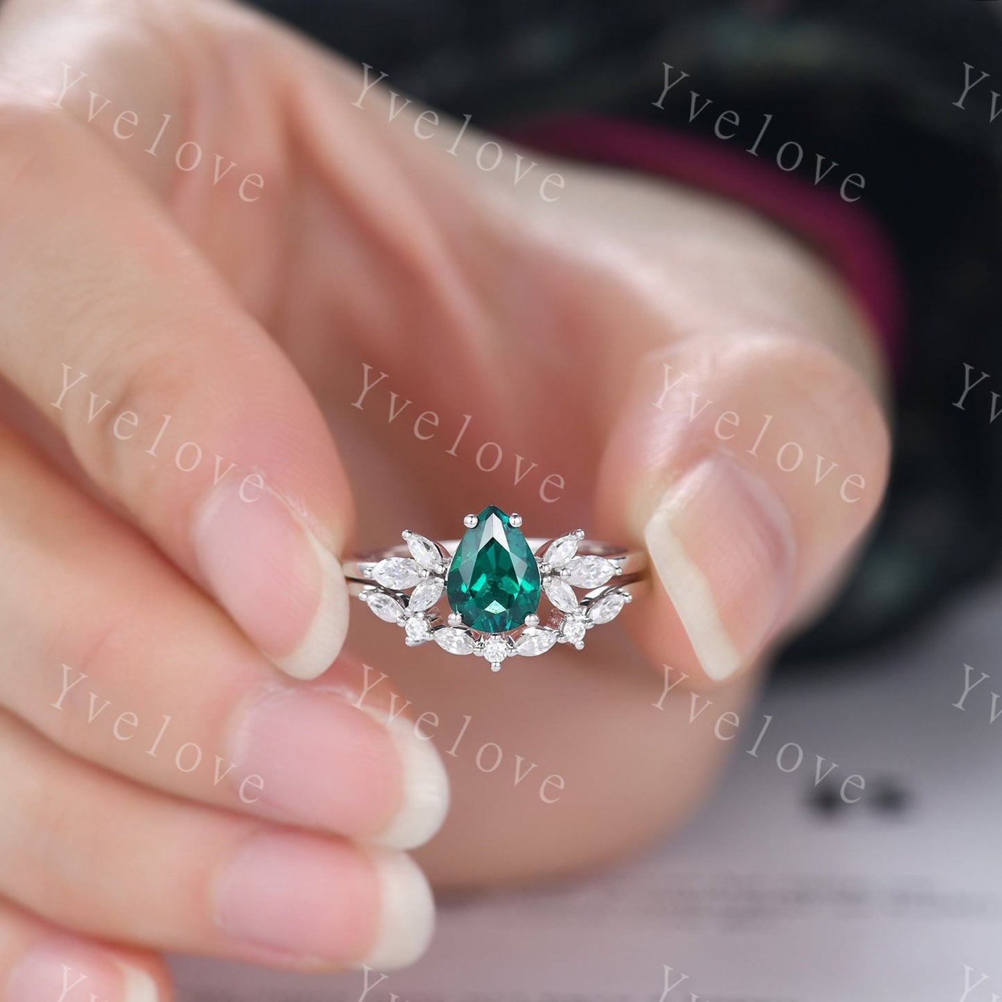 Pear cut emerald engagement ring set moissanite wedding ring women art deco stacking matching band vintage floral jewelry May birthstone