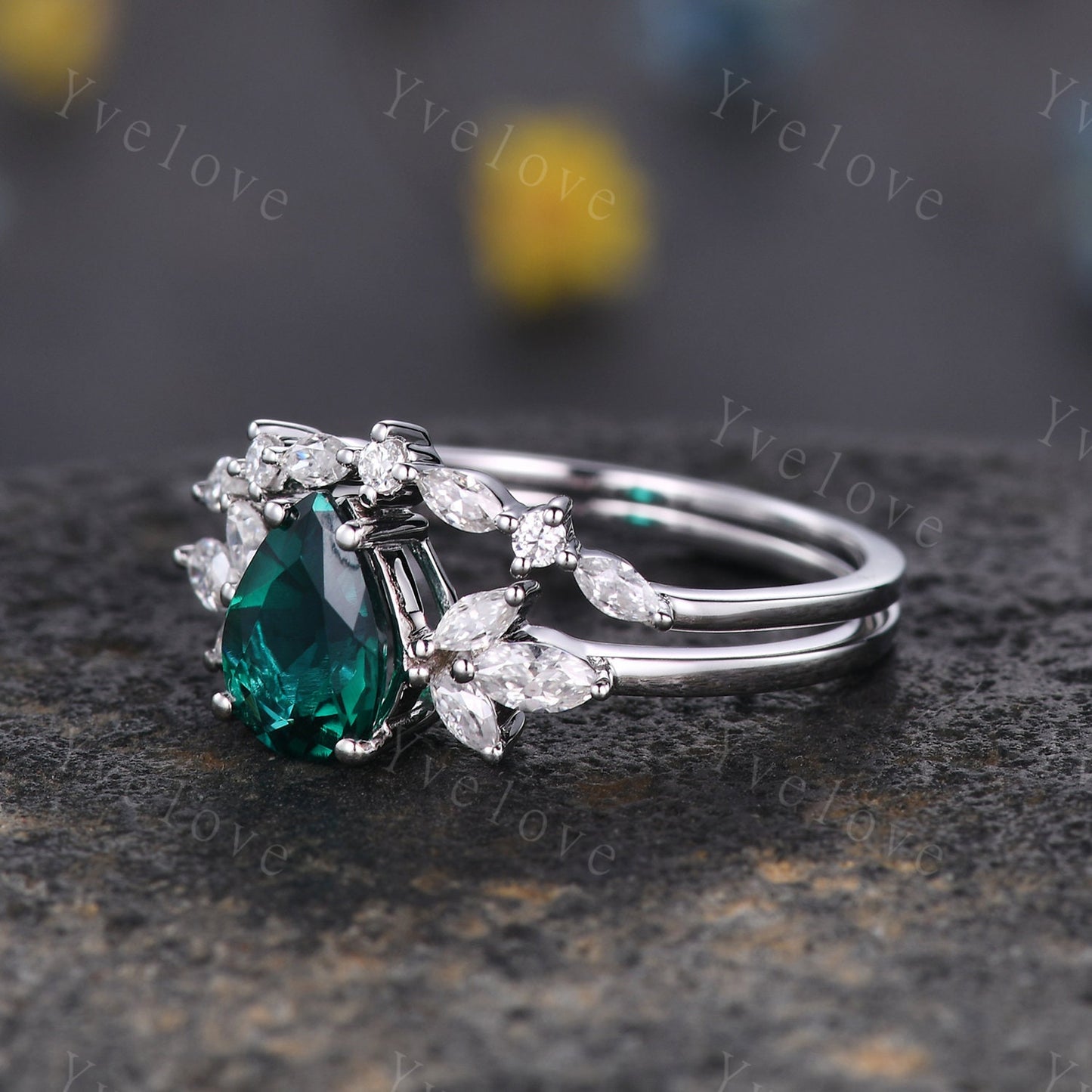 Pear cut emerald engagement ring set moissanite wedding ring women art deco stacking matching band vintage floral jewelry May birthstone