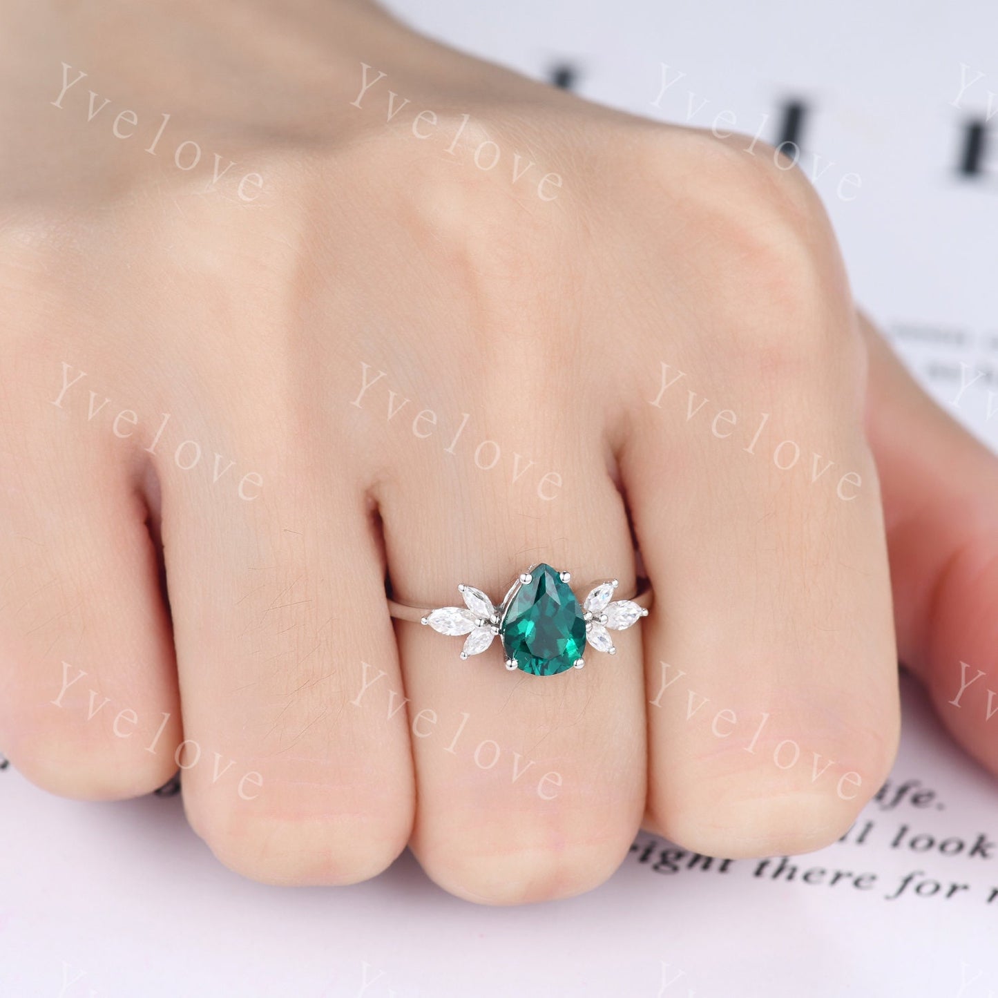 Pear cut emerald engagement ring set moissanite wedding ring women art deco stacking matching band vintage floral jewelry May birthstone