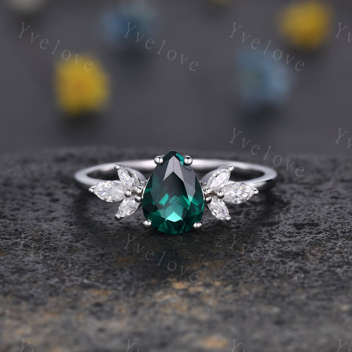 White gold emerald engagement ring women art deco ring moissanite wedding band vintage bridal jewelry May birthstone anniversary gift
