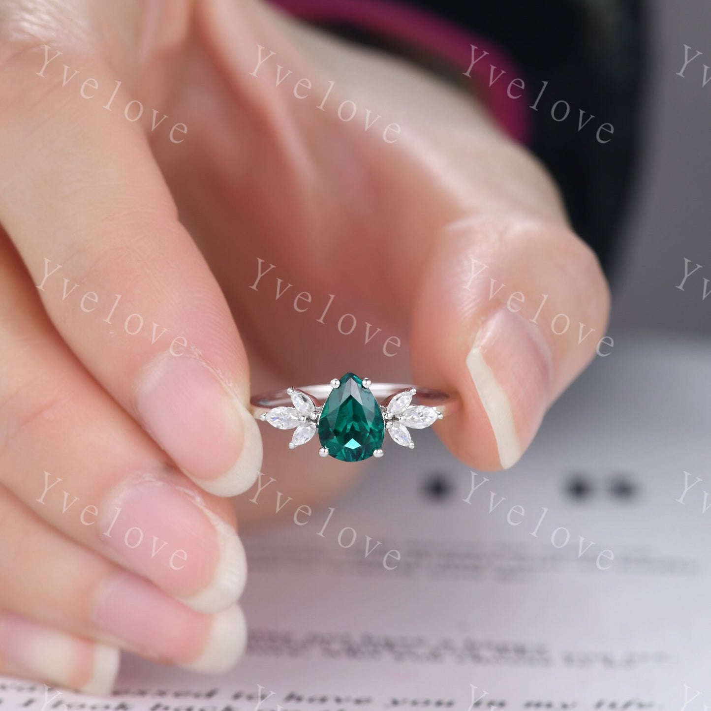 White gold emerald engagement ring women art deco ring moissanite wedding band vintage bridal jewelry May birthstone anniversary gift