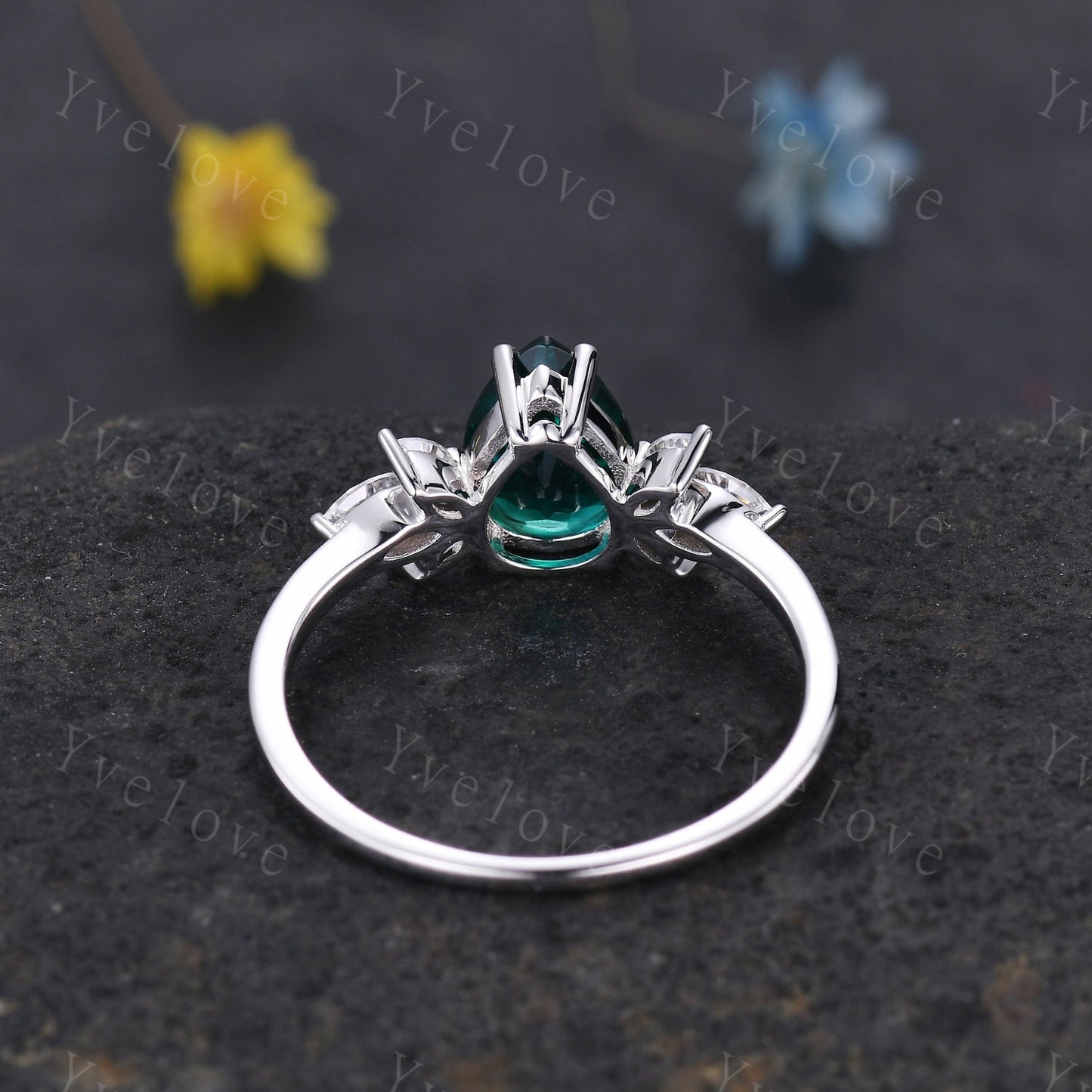 White gold emerald engagement ring women art deco ring moissanite wedding band vintage bridal jewelry May birthstone anniversary gift