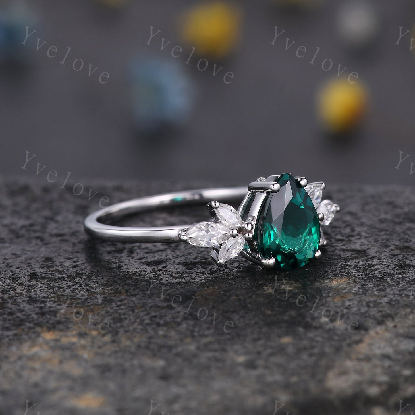 White gold emerald engagement ring women art deco ring moissanite wedding band vintage bridal jewelry May birthstone anniversary gift