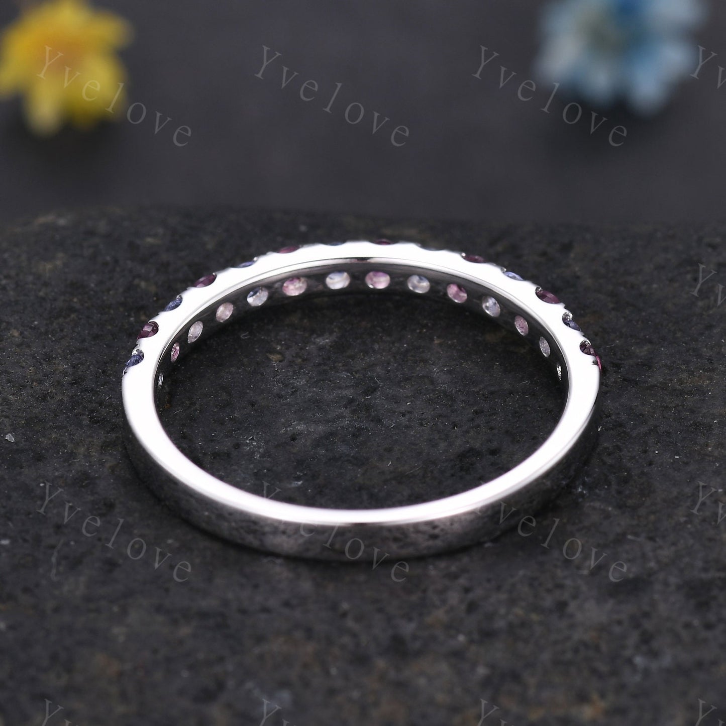 2mm Natural tanzanite and Pink Tourmaline wedding band minimalist wedding ring 925 silver ring promise bridal stacking band birthday gift