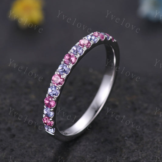 2mm Natural tanzanite and Pink Tourmaline wedding band minimalist wedding ring 925 silver ring promise bridal stacking band birthday gift