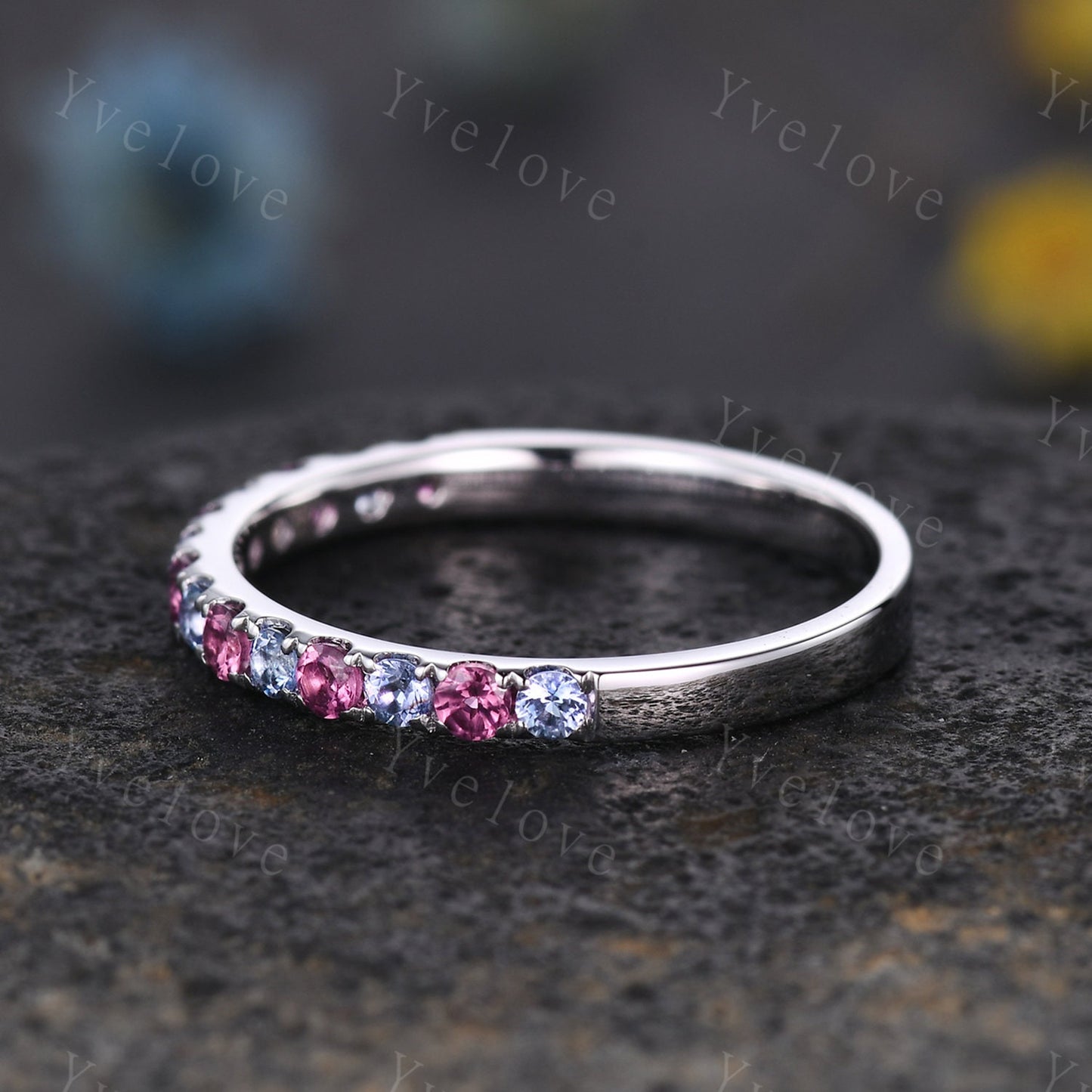 2mm Natural tanzanite and Pink Tourmaline wedding band minimalist wedding ring 925 silver ring promise bridal stacking band birthday gift
