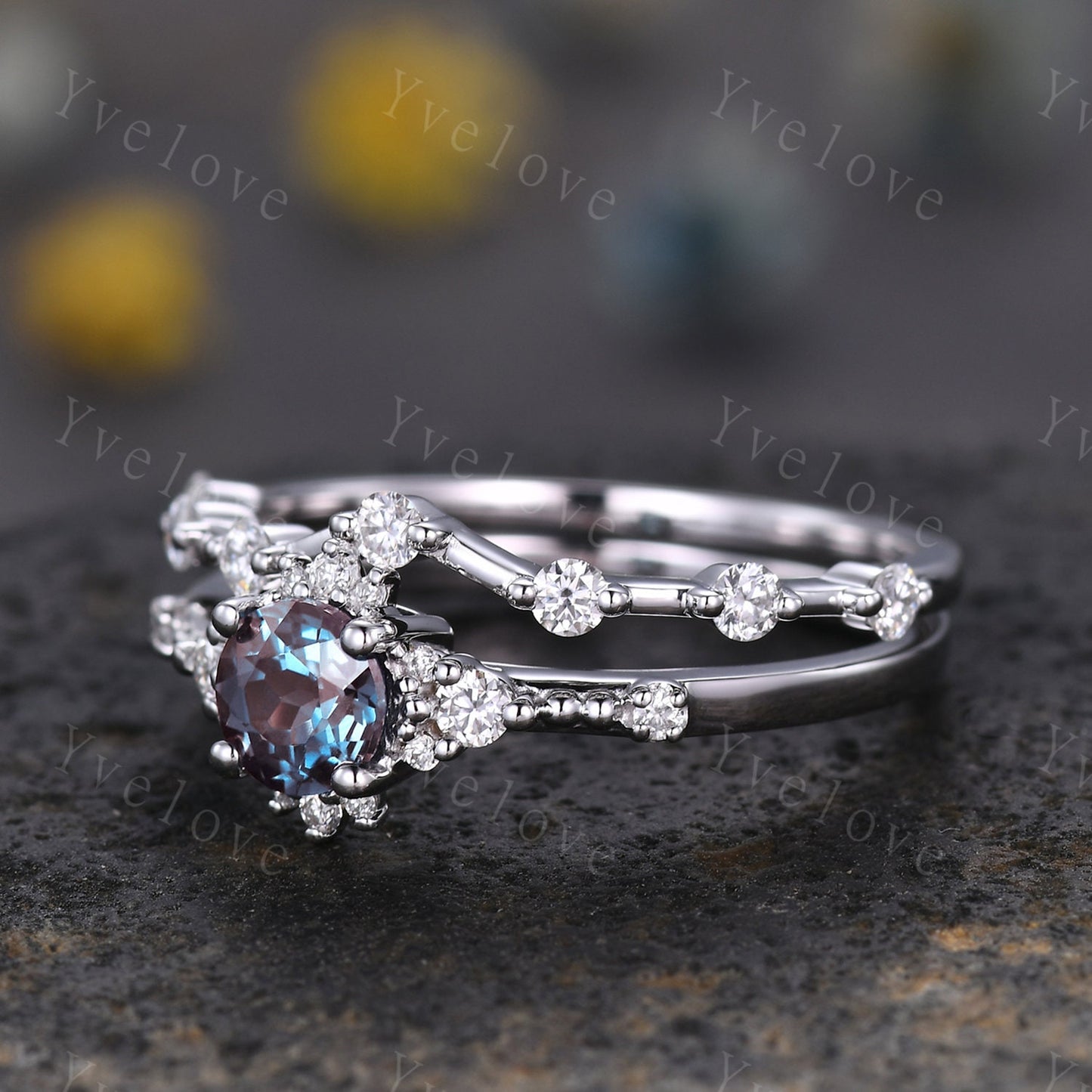 Alexandrite Ring Set Rose Gold Floral Engagement Ring For Women Promise Bridal Jewelry Diamond Moissanite Half Eternity Matching Band