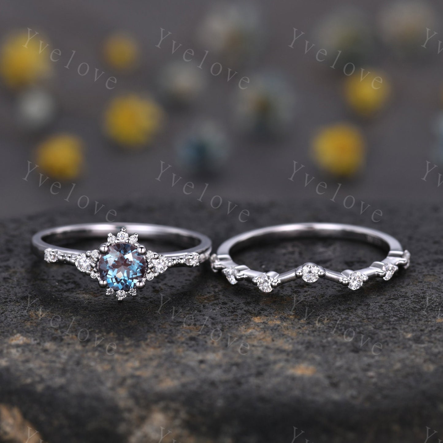 Alexandrite Ring Set Rose Gold Floral Engagement Ring For Women Promise Bridal Jewelry Diamond Moissanite Half Eternity Matching Band