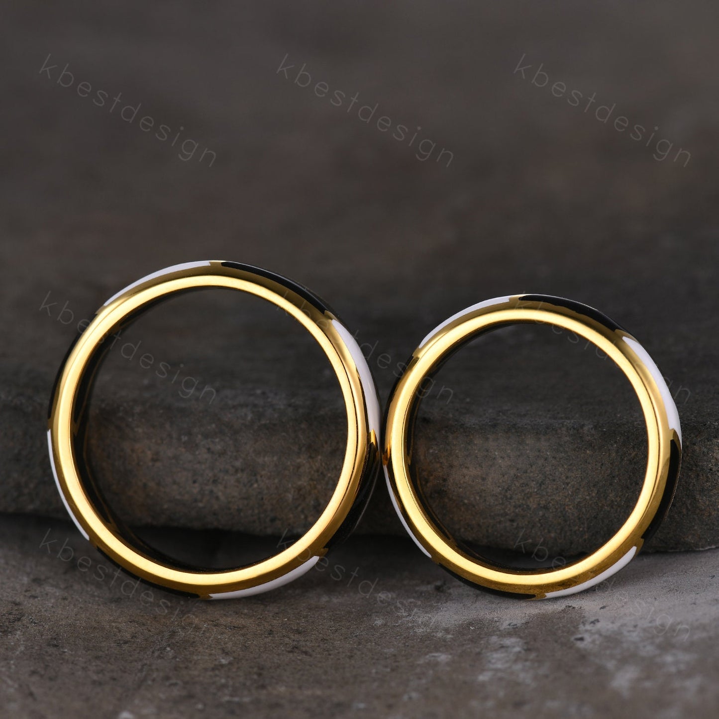 Gothic Black & White Enamel Couple Rings Yellow Gold Irregular Matching Rings His and Hers Wedding Band Best Friend Rings Anniversary Gifts