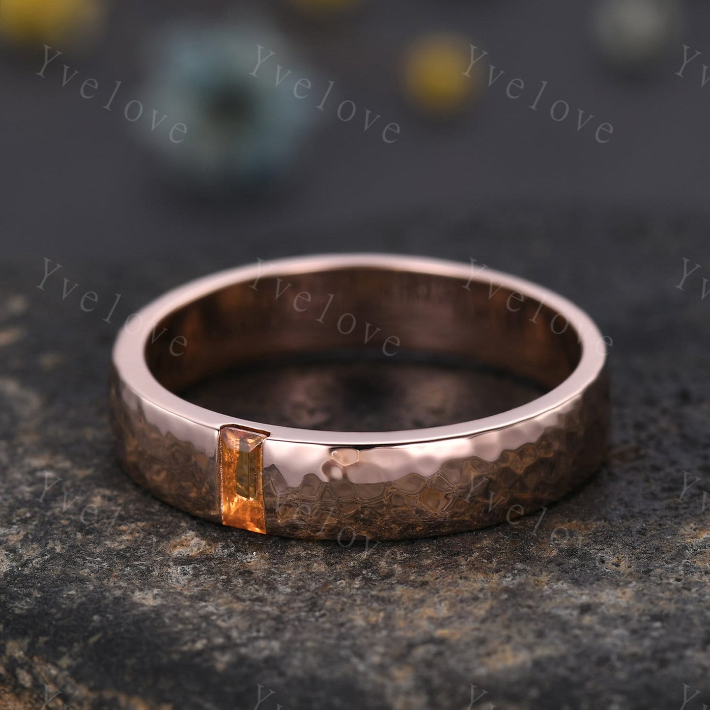 Mens Sunstone Wedding Band Baguette Cut Sunstone Band 5mm Solid Gold Ring Mens Hammered Stacking Matching Band Retro Vintage Ring Gift