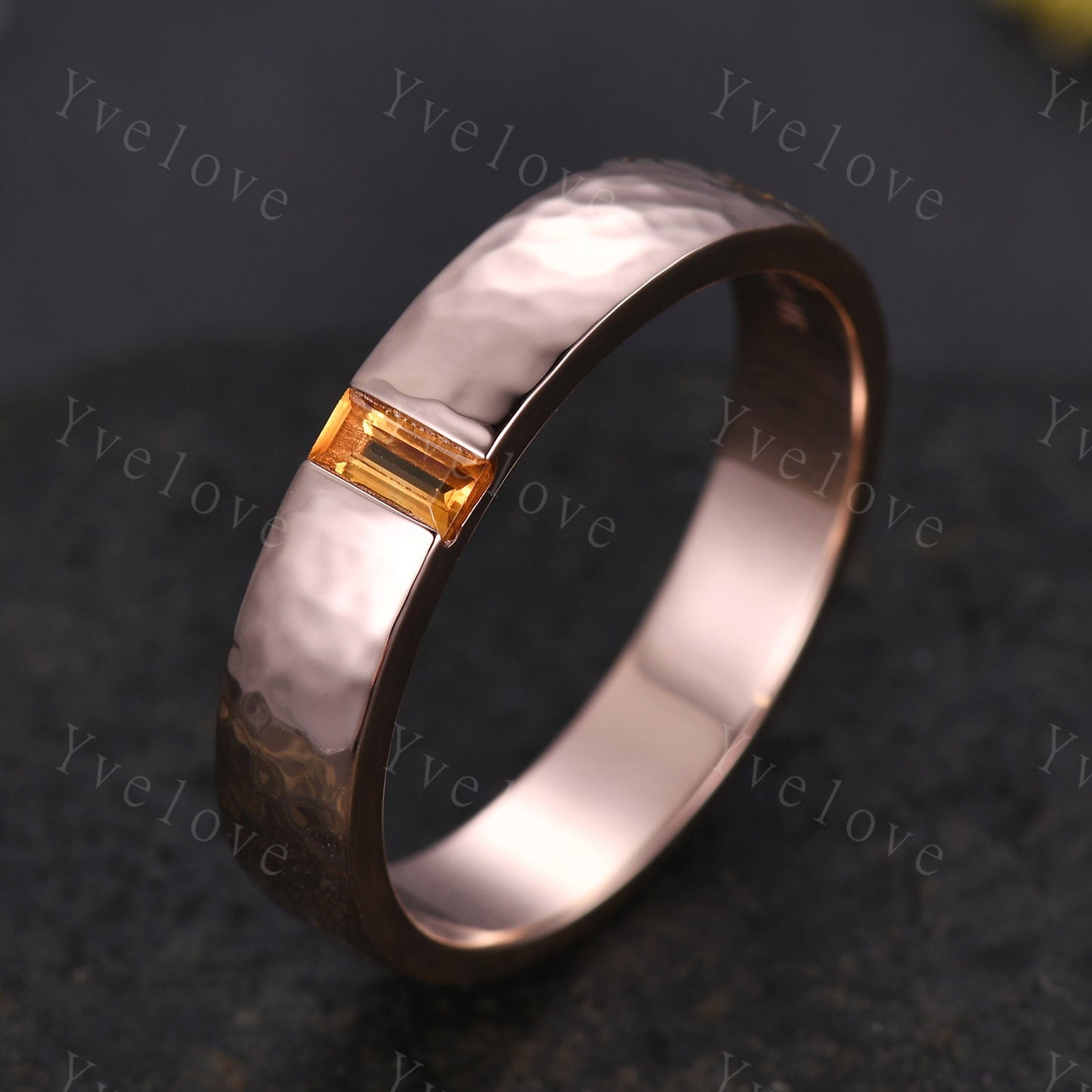 Mens Sunstone Wedding Band Baguette Cut Sunstone Band 5mm Solid Gold Ring Mens Hammered Stacking Matching Band Retro Vintage Ring Gift