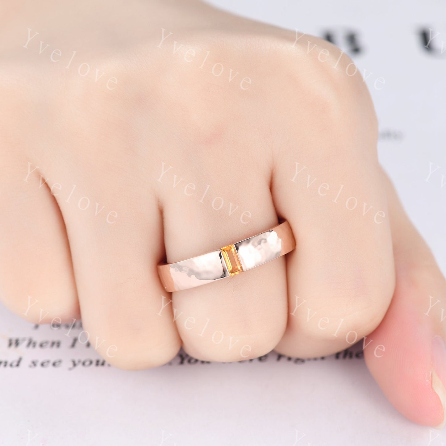 Mens Sunstone Wedding Band Baguette Cut Sunstone Band 5mm Solid Rose Gold Ring Mens Hammered Stacking Matching Band Retro Vintage Ring Gift