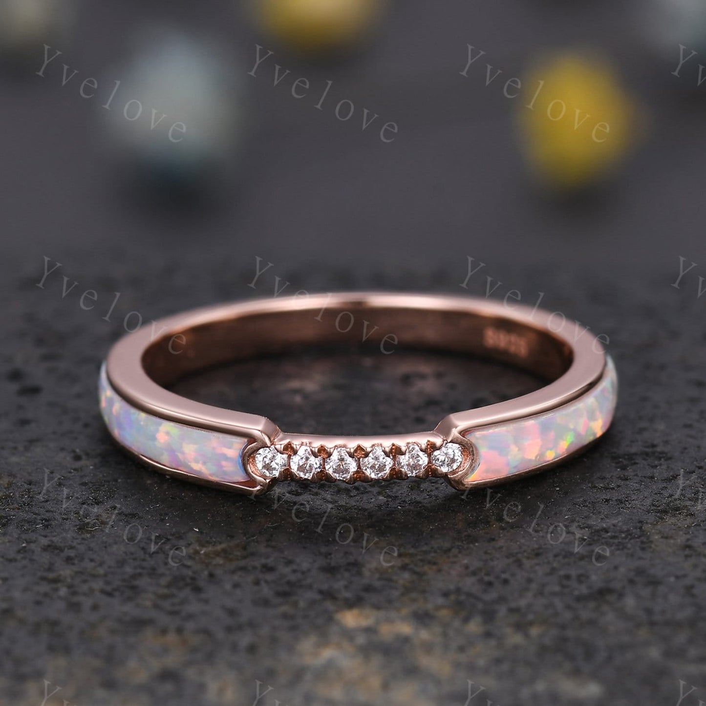 White Opal Moissanite Band,Half Eternity Band,Stackable Ring,Engagement Band,Modern Band,October Birthstone Ring,Women Ring Gift For Her