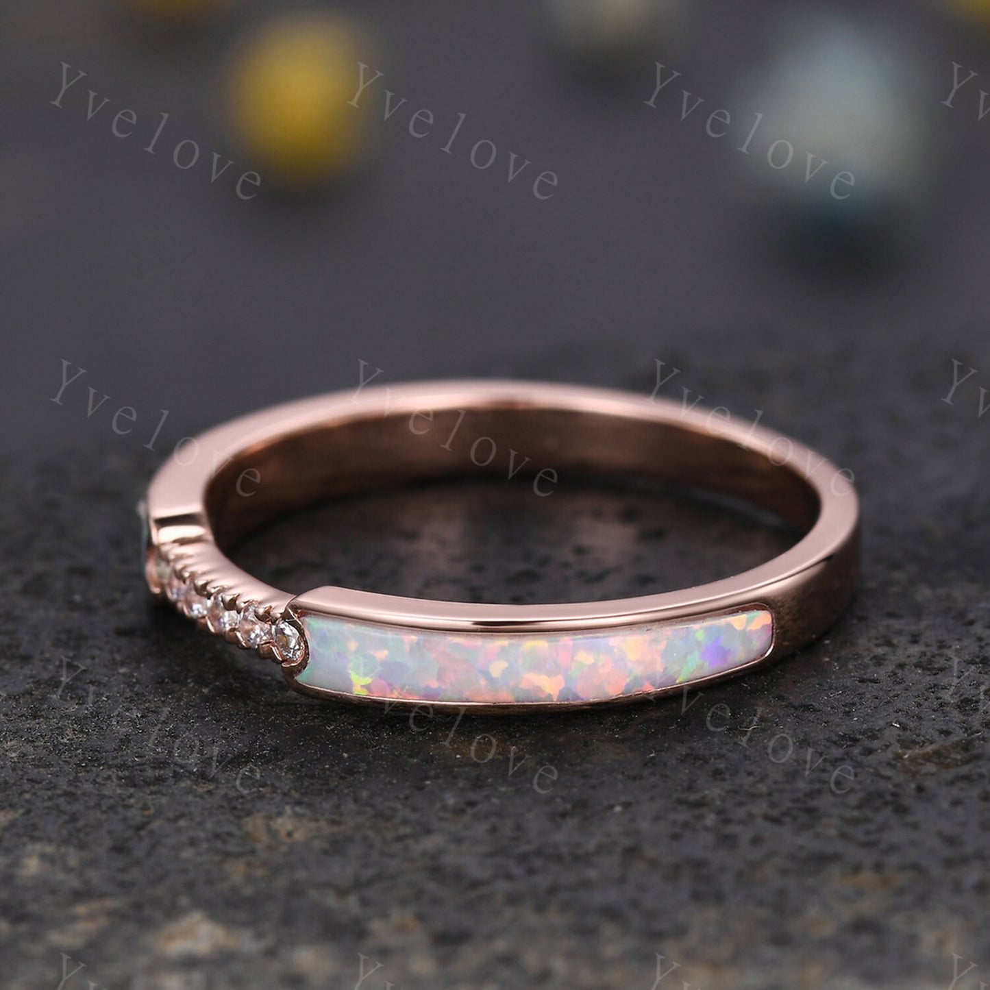 White Opal Moissanite Band,Half Eternity Band,Stackable Ring,Engagement Band,Modern Band,October Birthstone Ring,Women Ring Gift For Her