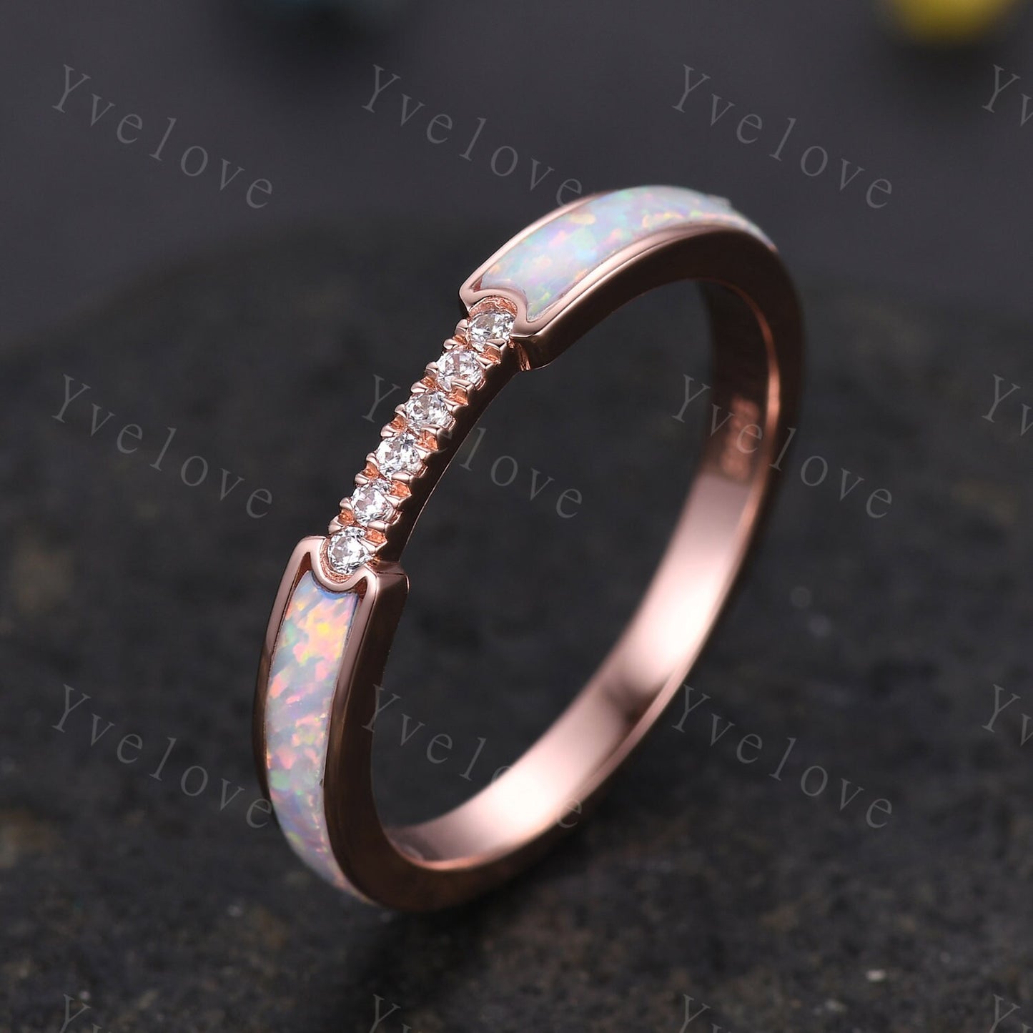 White Opal Moissanite Band,Half Eternity Band,Stackable Ring,Engagement Band,Modern Band,October Birthstone Ring,Women Ring Gift For Her