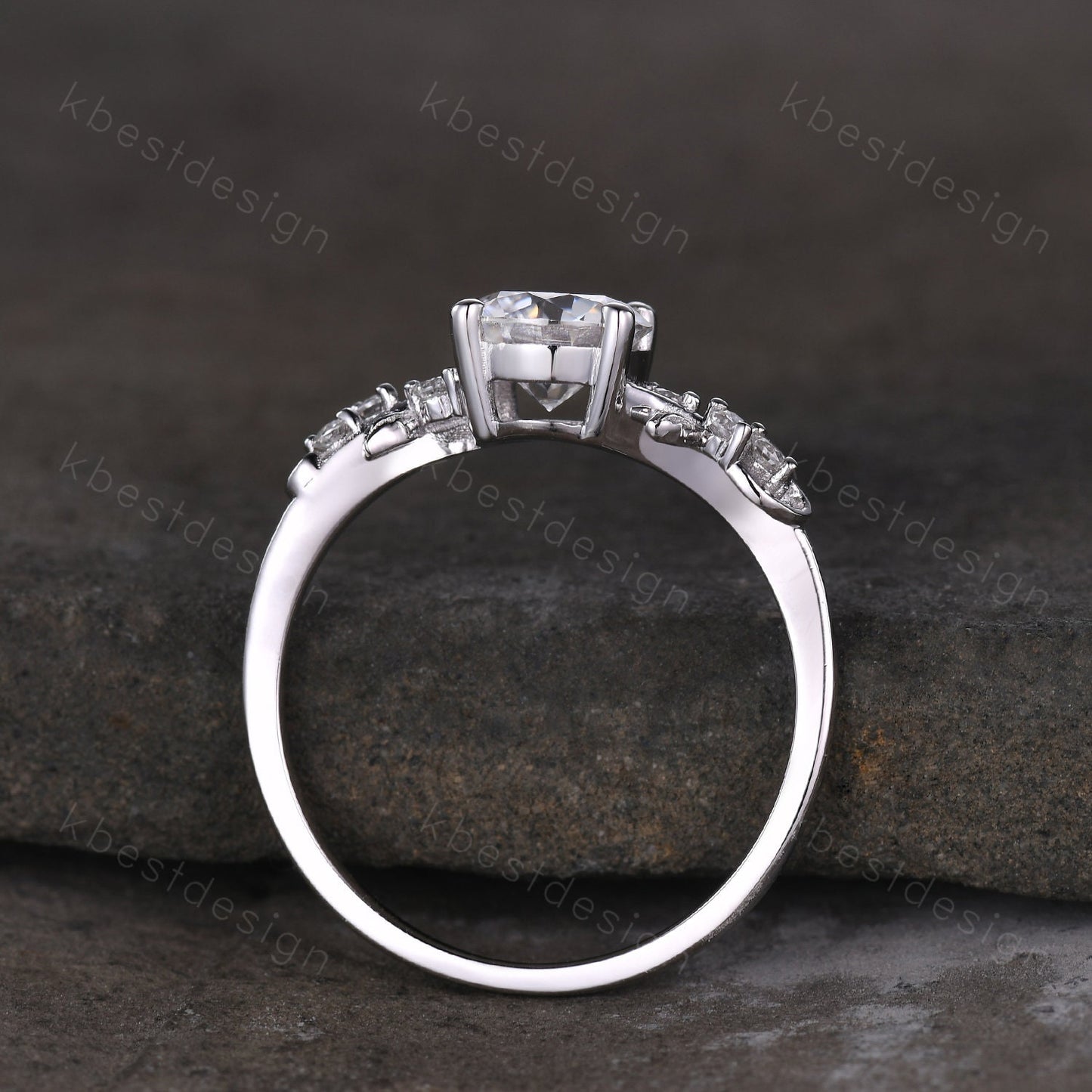 Round cut moissanite engagement ring 14K White gold ring Art deco leaf design wedding ring nature inspired ring bridal promise ring for her