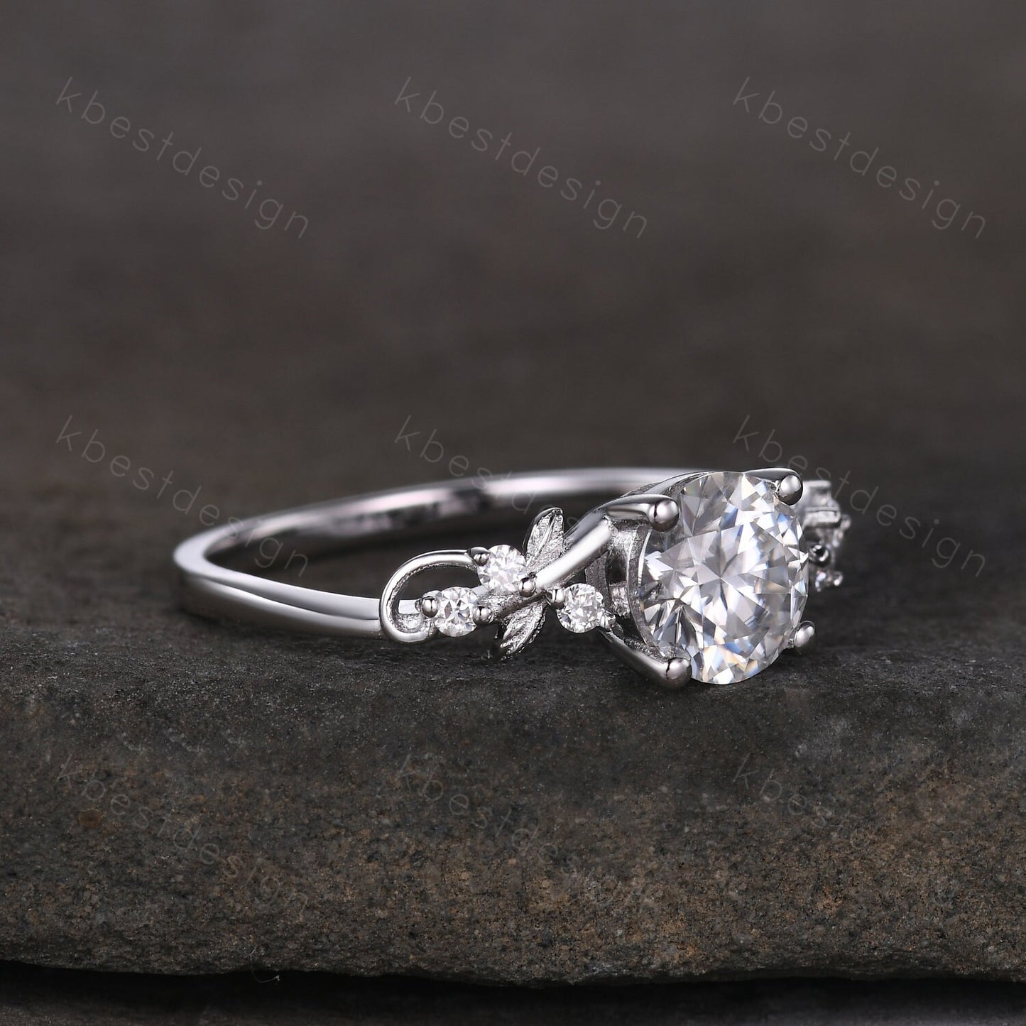 Round cut moissanite engagement ring 14K White gold ring Art deco leaf design wedding ring nature inspired ring bridal promise ring for her