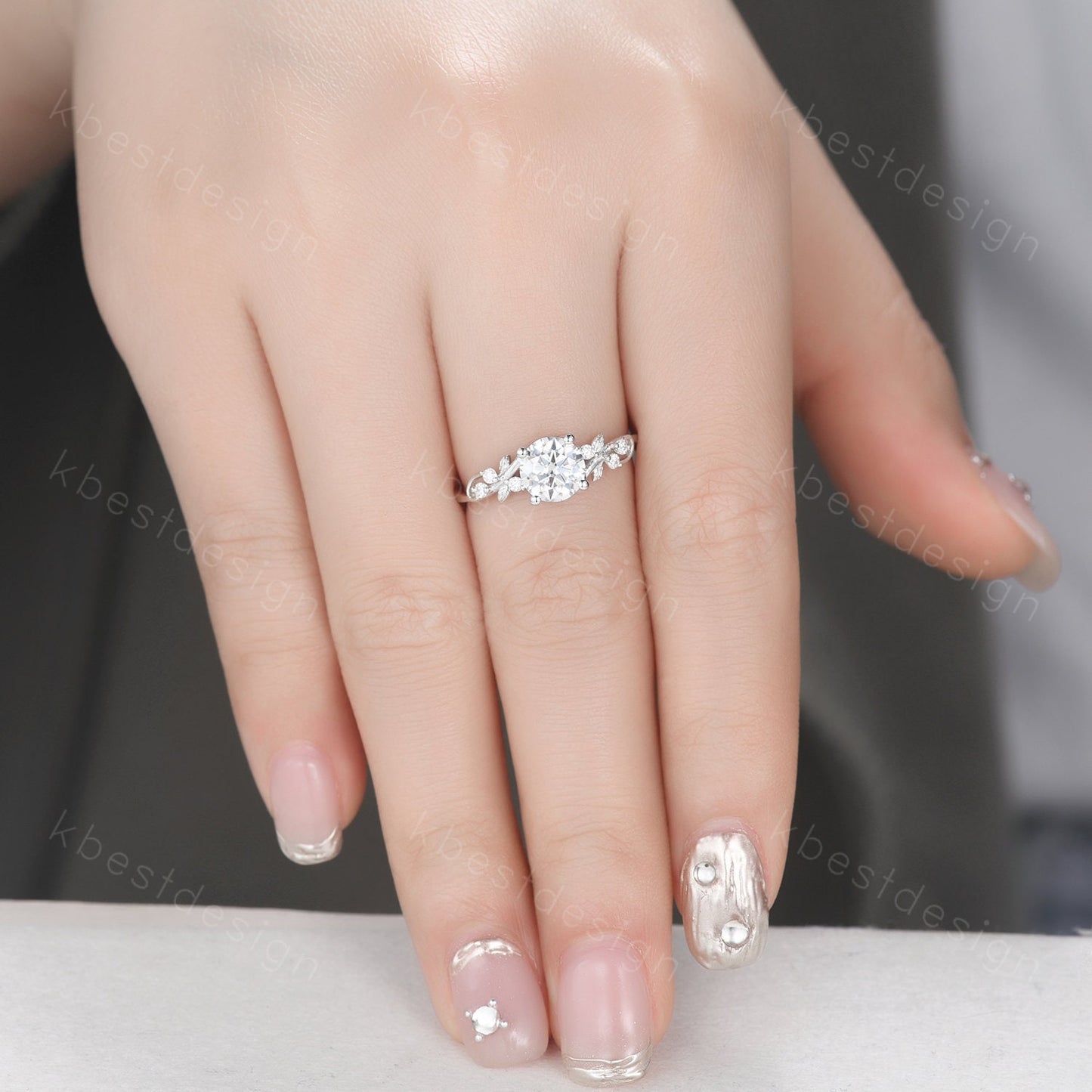 Round cut moissanite engagement ring 14K White gold ring Art deco leaf design wedding ring nature inspired ring bridal promise ring set