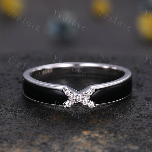 Black Onyx Moissanite Band,Black Onyx Engagement Band,Modern Band,Black Stone Ring,Matching Stackable Ring,Women Ring Promise Gift For Her