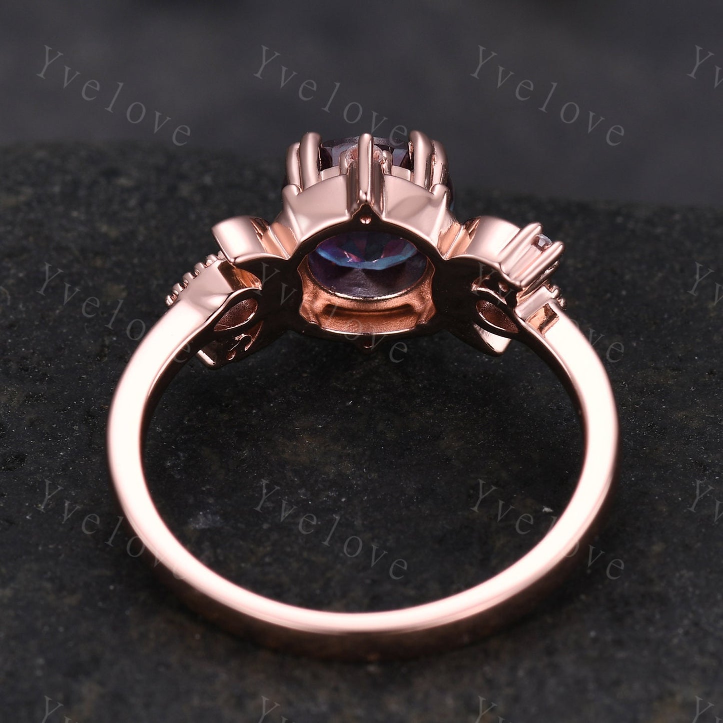 Round alexandrite ring vintage cluster ring 18k rose gold unique engagement ring retro moon star diamond promise wedding ring celestial gift