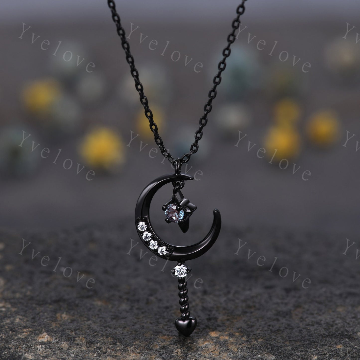 Vintage round alexandrite pendant black gold unique moon cluster diamond engagement necklace women retro star moissanite wedding necklace