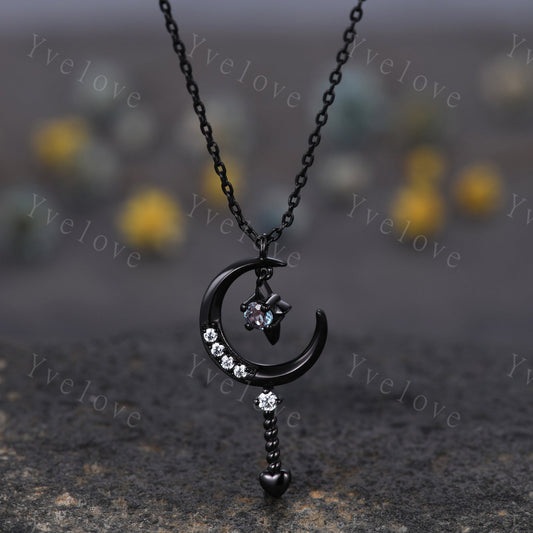 Vintage round alexandrite pendant black gold unique moon cluster diamond engagement necklace women retro star moissanite wedding necklace