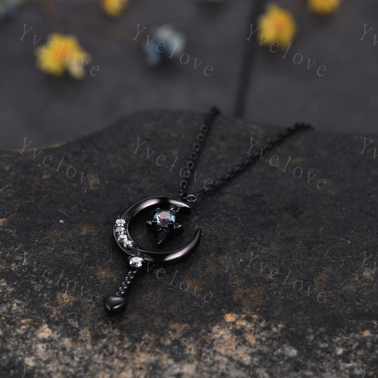 Vintage round alexandrite pendant black gold unique moon cluster diamond engagement necklace women retro star moissanite wedding necklace