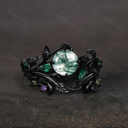 Vintage natural moss agate engagement ring black gold art deco cluster leaf wedding ring set nature inspired bridal promise ring for her