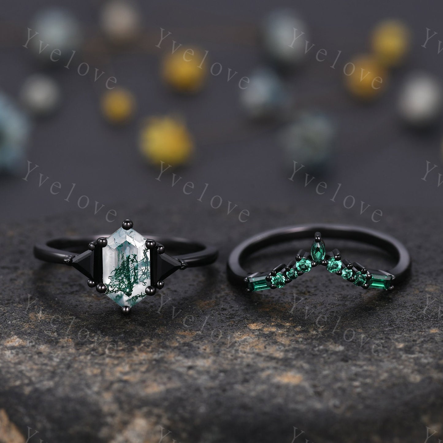Hexagon Cut Moss Agate Engagement Ring Set,Unique Emerald Matching Stack Ring,Triangle Black Spinel Promise Ring,Anniversary Gift,Black Gold