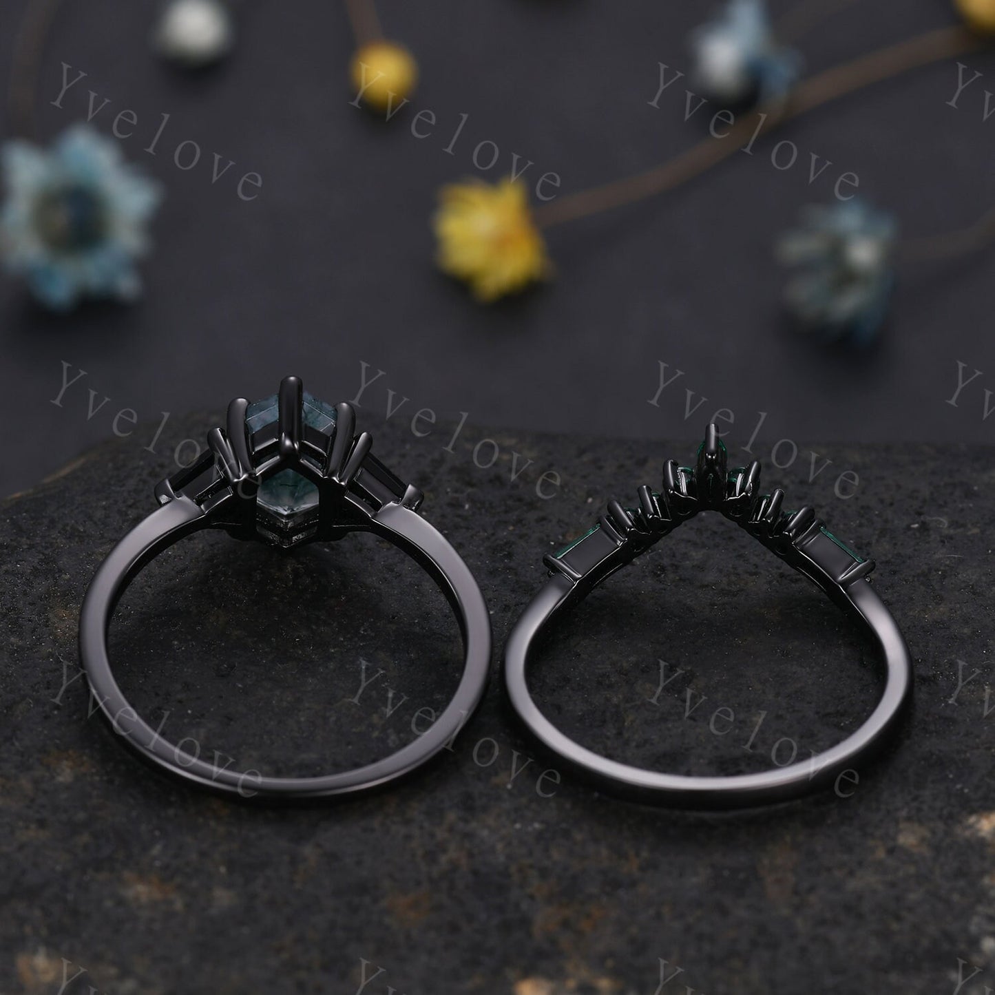 Hexagon Cut Moss Agate Engagement Ring Set,Unique Emerald Matching Stack Ring,Triangle Black Spinel Promise Ring,Anniversary Gift,Black Gold