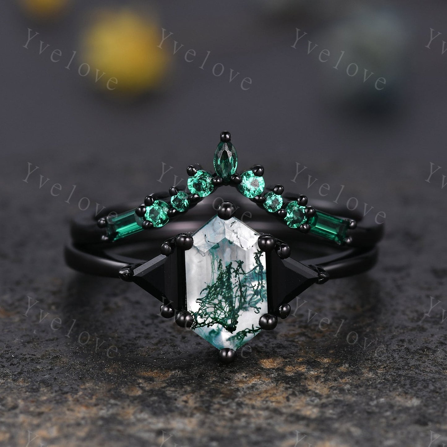 Hexagon Cut Moss Agate Engagement Ring,Unique Natural Agate Ring,Triangle Black Spinel Stone Promise Ring,Anniversary Gift ,Black Gold Ring