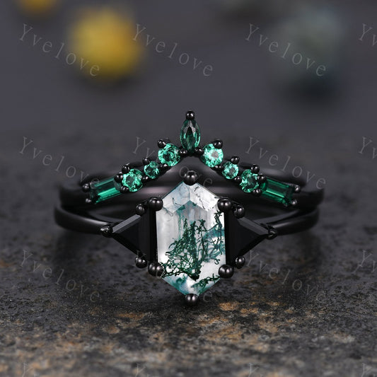 Hexagon Cut Moss Agate Engagement Ring Set,Unique Emerald Matching Stack Ring,Triangle Black Spinel Promise Ring,Anniversary Gift,Black Gold