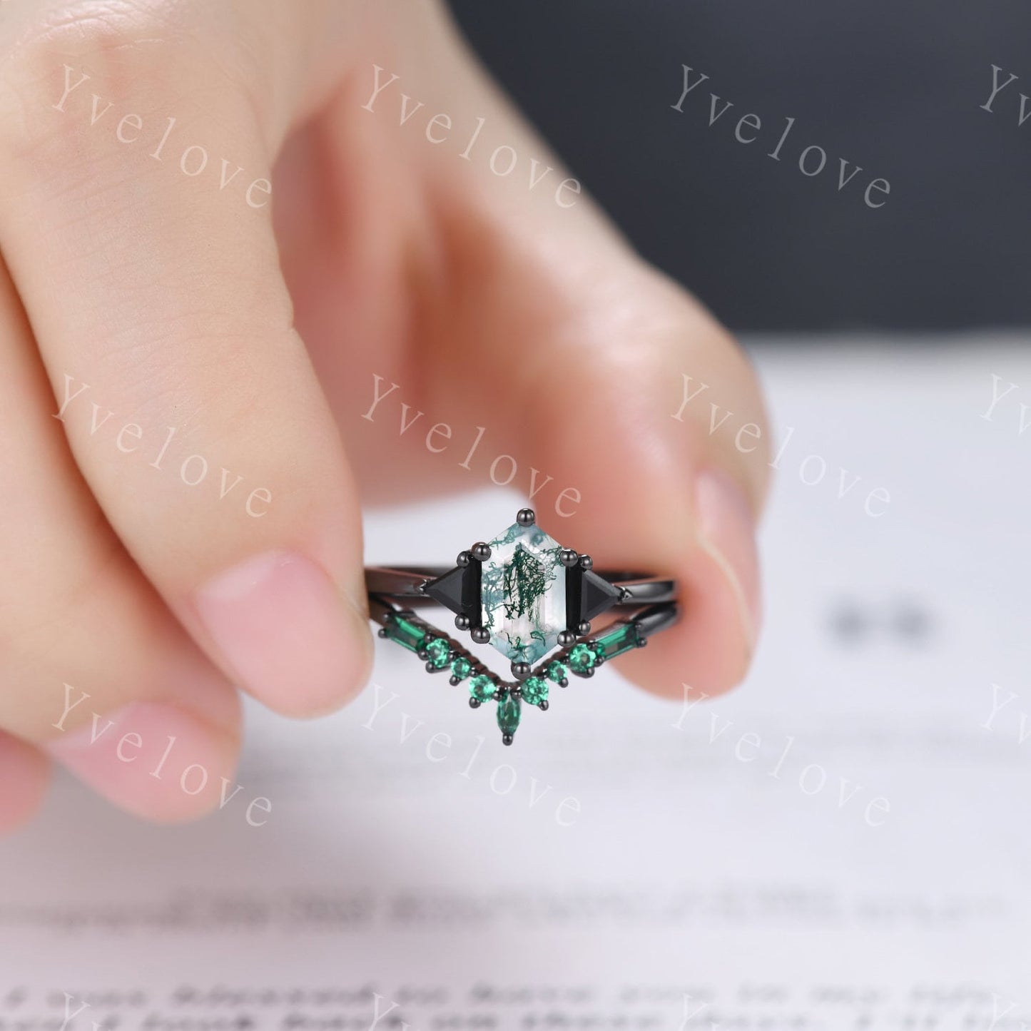 Hexagon Cut Moss Agate Engagement Ring Set,Unique Emerald Matching Stack Ring,Triangle Black Spinel Promise Ring,Anniversary Gift,Black Gold